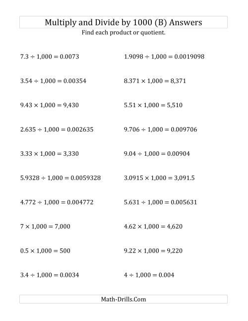 The Multiplying and Dividing Decimals by 1,000 (B) Math Worksheet Page 2