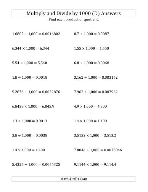 The Multiplying and Dividing Decimals by 1,000 (D) Math Worksheet Page 2