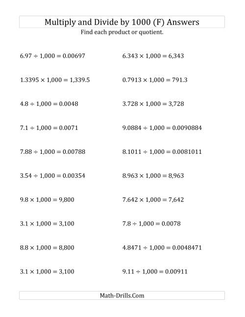The Multiplying and Dividing Decimals by 1,000 (F) Math Worksheet Page 2