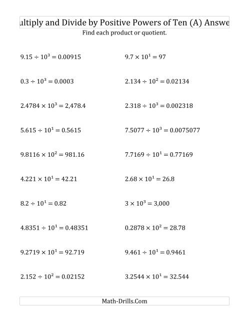 The Multiplying and Dividing Decimals by Positive Powers of Ten (Exponent Form) (A) Math Worksheet Page 2