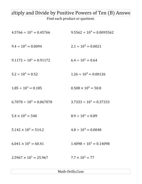 The Multiplying and Dividing Decimals by Positive Powers of Ten (Exponent Form) (B) Math Worksheet Page 2