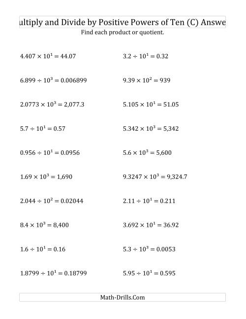 The Multiplying and Dividing Decimals by Positive Powers of Ten (Exponent Form) (C) Math Worksheet Page 2
