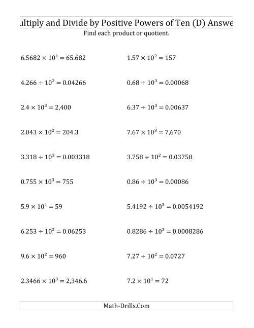 The Multiplying and Dividing Decimals by Positive Powers of Ten (Exponent Form) (D) Math Worksheet Page 2