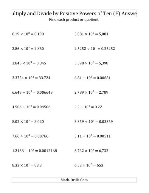 The Multiplying and Dividing Decimals by Positive Powers of Ten (Exponent Form) (F) Math Worksheet Page 2