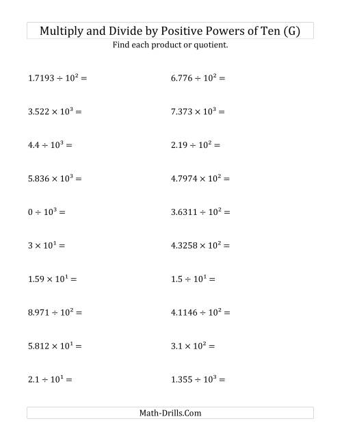 The Multiplying and Dividing Decimals by Positive Powers of Ten (Exponent Form) (G) Math Worksheet