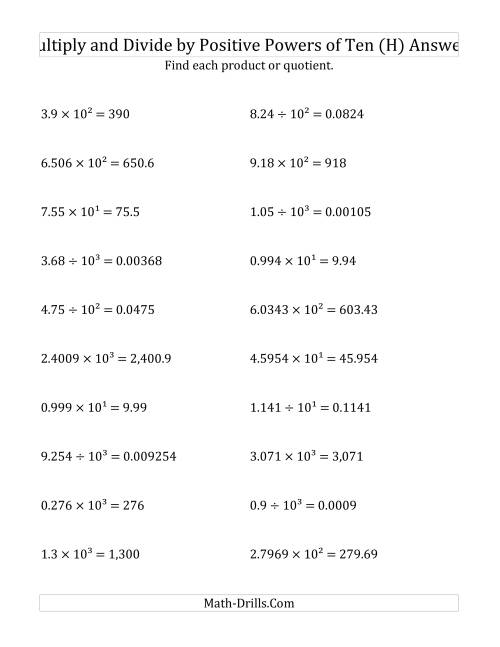 The Multiplying and Dividing Decimals by Positive Powers of Ten (Exponent Form) (H) Math Worksheet Page 2
