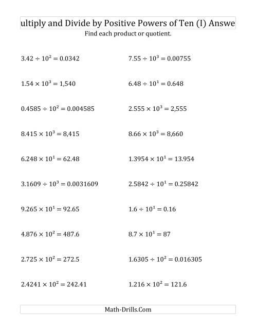 The Multiplying and Dividing Decimals by Positive Powers of Ten (Exponent Form) (I) Math Worksheet Page 2