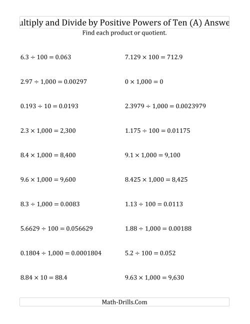 The Multiplying and Dividing Decimals by Positive Powers of Ten (Standard Form) (A) Math Worksheet Page 2