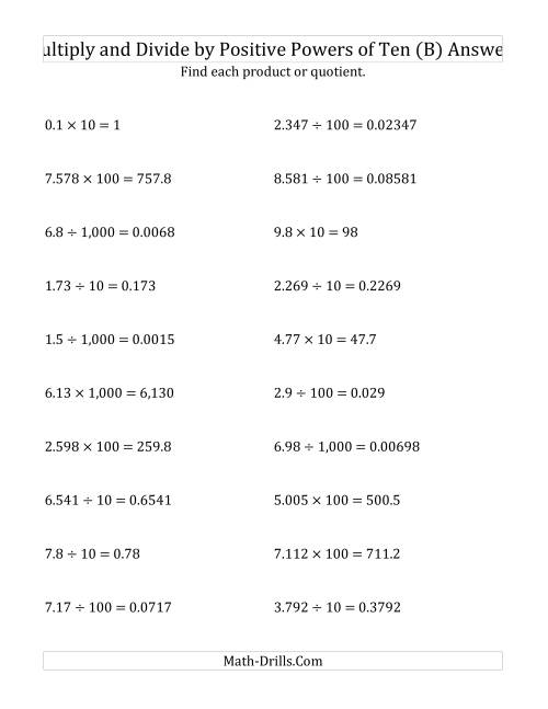The Multiplying and Dividing Decimals by Positive Powers of Ten (Standard Form) (B) Math Worksheet Page 2