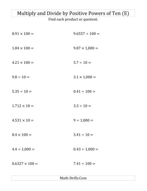 The Multiplying and Dividing Decimals by Positive Powers of Ten (Standard Form) (E) Math Worksheet