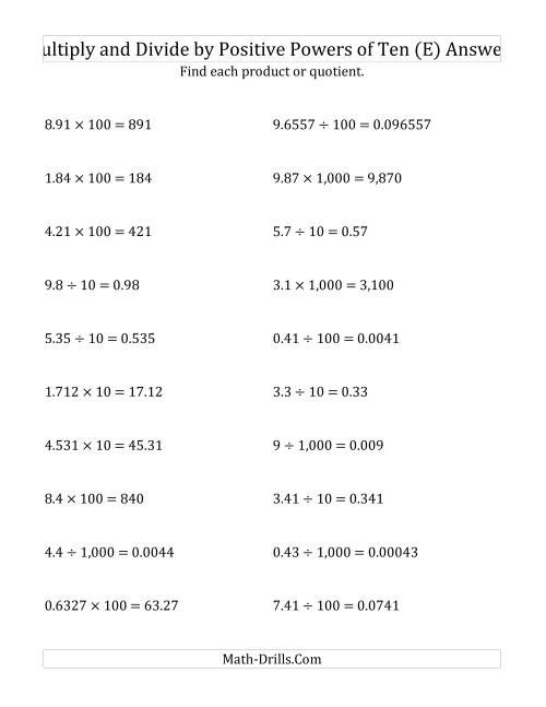 The Multiplying and Dividing Decimals by Positive Powers of Ten (Standard Form) (E) Math Worksheet Page 2