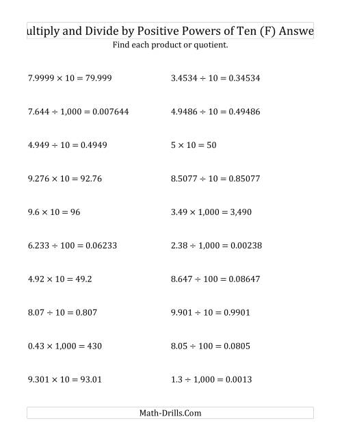 The Multiplying and Dividing Decimals by Positive Powers of Ten (Standard Form) (F) Math Worksheet Page 2