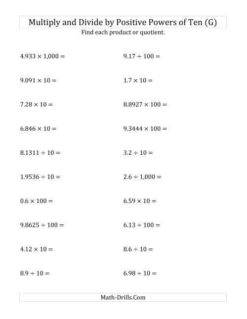 The Multiplying and Dividing Decimals by Positive Powers of Ten (Standard Form) (G) Math Worksheet