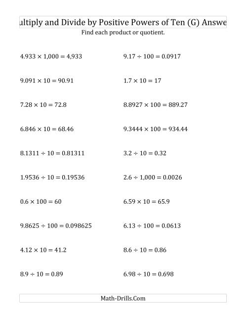 The Multiplying and Dividing Decimals by Positive Powers of Ten (Standard Form) (G) Math Worksheet Page 2