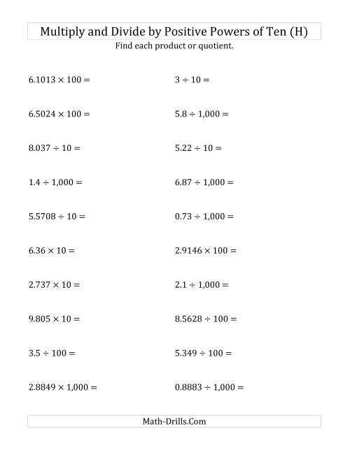 The Multiplying and Dividing Decimals by Positive Powers of Ten (Standard Form) (H) Math Worksheet