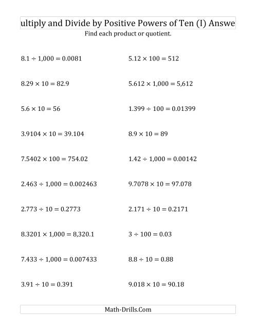 The Multiplying and Dividing Decimals by Positive Powers of Ten (Standard Form) (I) Math Worksheet Page 2