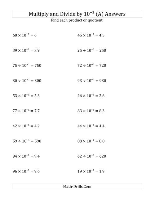 The Multiplying and Dividing Whole Numbers by 10<sup>-1</sup> (A) Math Worksheet Page 2