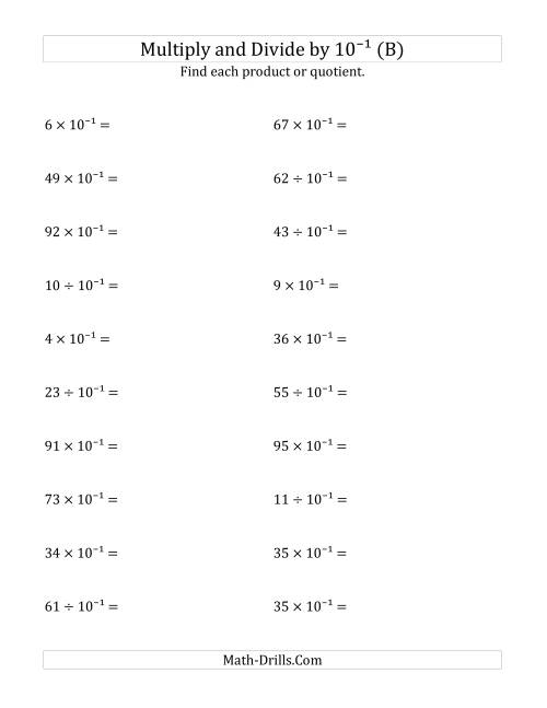 The Multiplying and Dividing Whole Numbers by 10<sup>-1</sup> (B) Math Worksheet