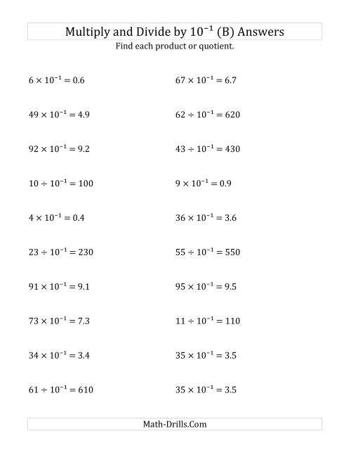 The Multiplying and Dividing Whole Numbers by 10<sup>-1</sup> (B) Math Worksheet Page 2