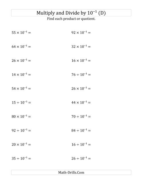The Multiplying and Dividing Whole Numbers by 10<sup>-1</sup> (D) Math Worksheet