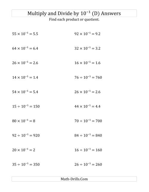 The Multiplying and Dividing Whole Numbers by 10<sup>-1</sup> (D) Math Worksheet Page 2