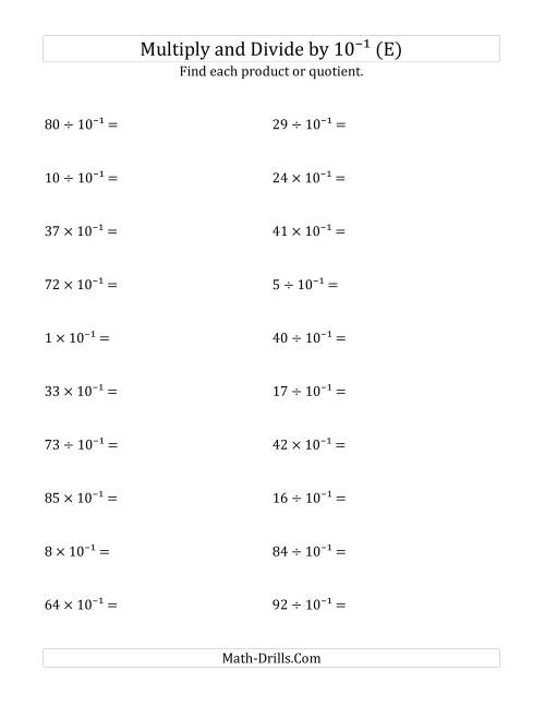 The Multiplying and Dividing Whole Numbers by 10<sup>-1</sup> (E) Math Worksheet
