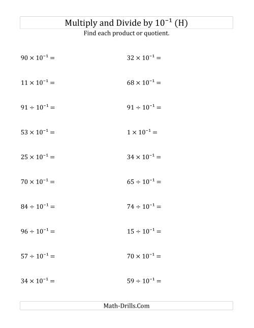 The Multiplying and Dividing Whole Numbers by 10<sup>-1</sup> (H) Math Worksheet