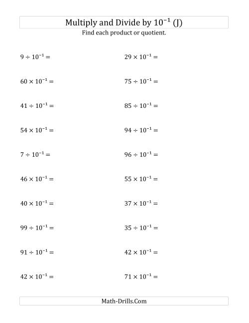 The Multiplying and Dividing Whole Numbers by 10<sup>-1</sup> (J) Math Worksheet