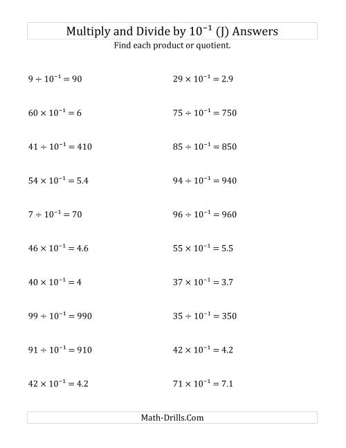 The Multiplying and Dividing Whole Numbers by 10<sup>-1</sup> (J) Math Worksheet Page 2
