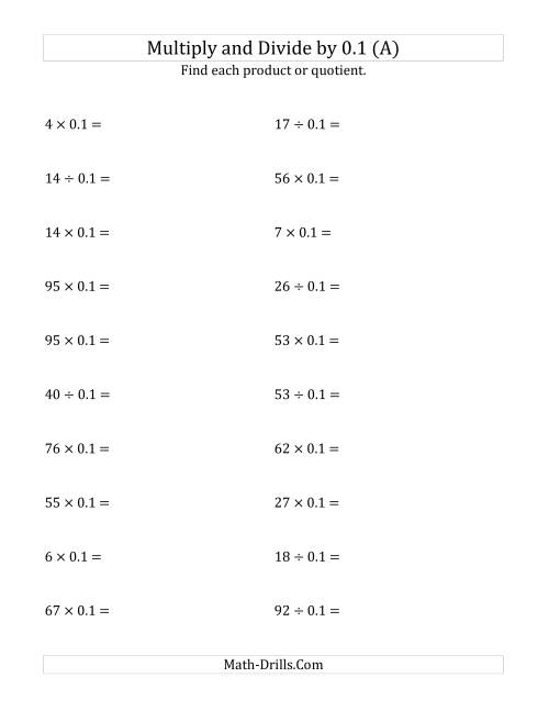 The Multiplying and Dividing Whole Numbers by 0.1 (A) Math Worksheet