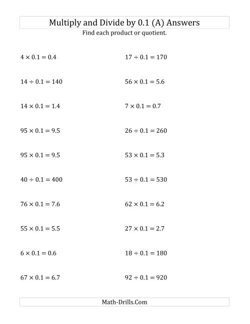 The Multiplying and Dividing Whole Numbers by 0.1 (A) Math Worksheet Page 2