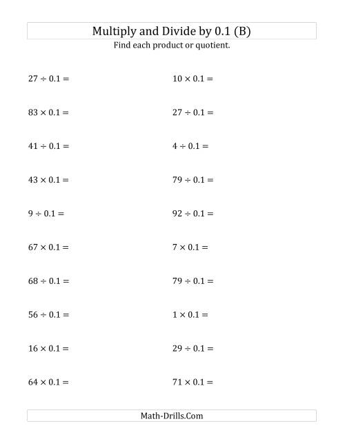 The Multiplying and Dividing Whole Numbers by 0.1 (B) Math Worksheet