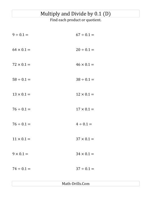 The Multiplying and Dividing Whole Numbers by 0.1 (D) Math Worksheet