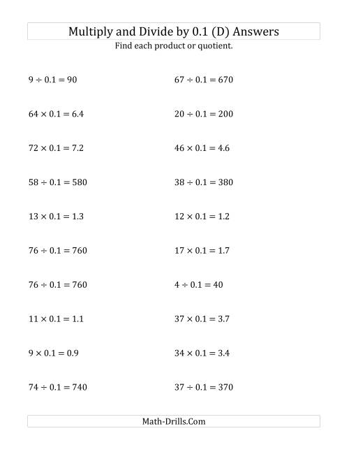The Multiplying and Dividing Whole Numbers by 0.1 (D) Math Worksheet Page 2