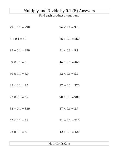 The Multiplying and Dividing Whole Numbers by 0.1 (E) Math Worksheet Page 2
