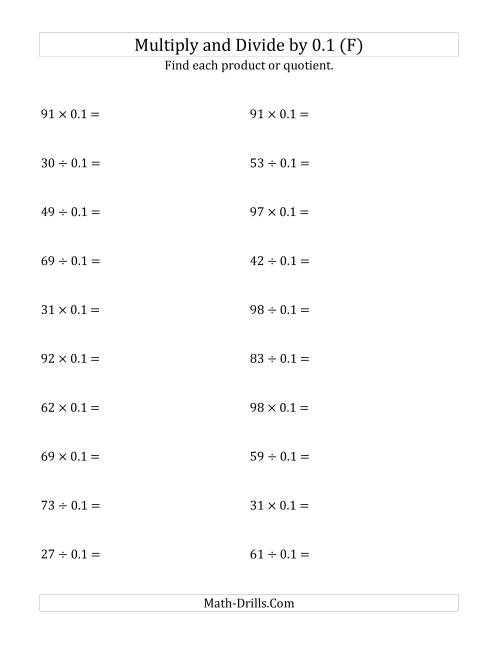 The Multiplying and Dividing Whole Numbers by 0.1 (F) Math Worksheet