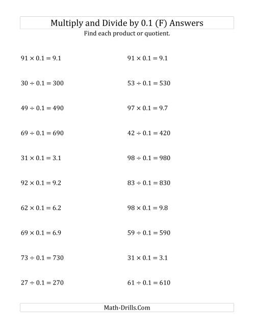 The Multiplying and Dividing Whole Numbers by 0.1 (F) Math Worksheet Page 2