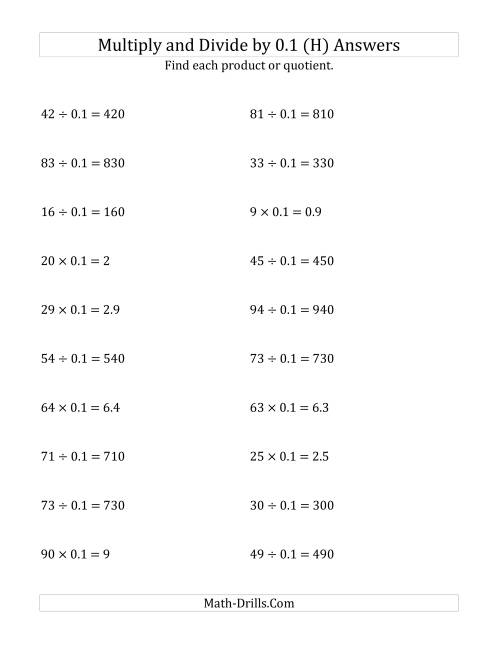 The Multiplying and Dividing Whole Numbers by 0.1 (H) Math Worksheet Page 2