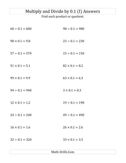 The Multiplying and Dividing Whole Numbers by 0.1 (I) Math Worksheet Page 2