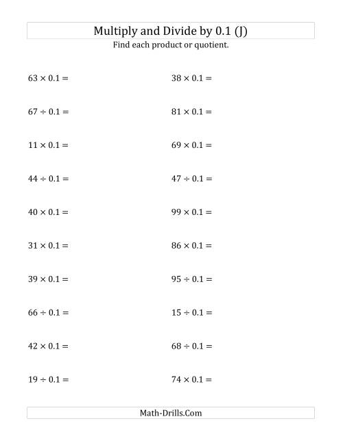 The Multiplying and Dividing Whole Numbers by 0.1 (J) Math Worksheet