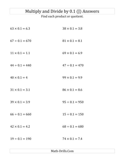 The Multiplying and Dividing Whole Numbers by 0.1 (J) Math Worksheet Page 2