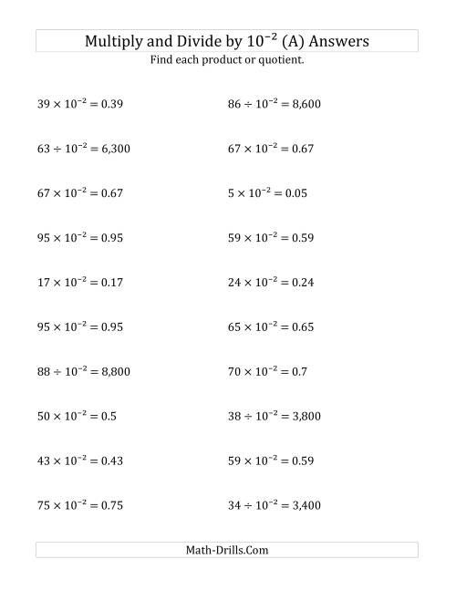 The Multiplying and Dividing Whole Numbers by 10<sup>-2</sup> (A) Math Worksheet Page 2