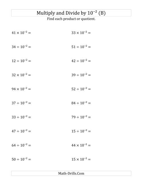 The Multiplying and Dividing Whole Numbers by 10<sup>-2</sup> (B) Math Worksheet