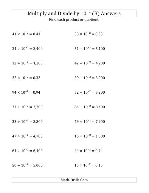 The Multiplying and Dividing Whole Numbers by 10<sup>-2</sup> (B) Math Worksheet Page 2