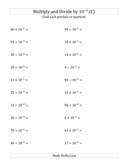 The Multiplying and Dividing Whole Numbers by 10<sup>-2</sup> (C) Math Worksheet