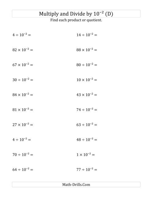 The Multiplying and Dividing Whole Numbers by 10<sup>-2</sup> (D) Math Worksheet