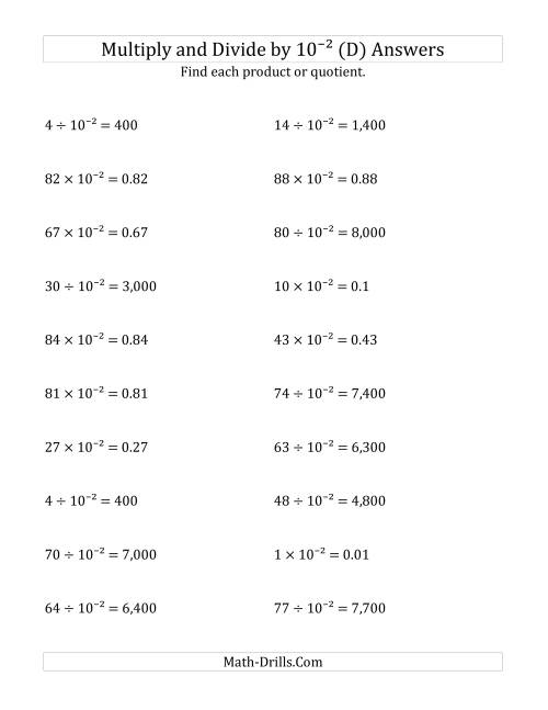 The Multiplying and Dividing Whole Numbers by 10<sup>-2</sup> (D) Math Worksheet Page 2