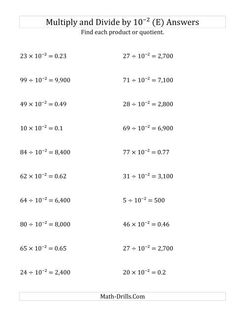 The Multiplying and Dividing Whole Numbers by 10<sup>-2</sup> (E) Math Worksheet Page 2
