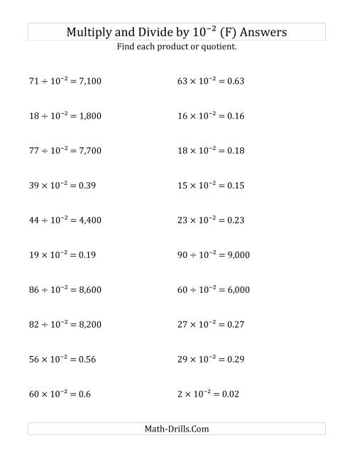 The Multiplying and Dividing Whole Numbers by 10<sup>-2</sup> (F) Math Worksheet Page 2