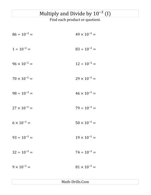 The Multiplying and Dividing Whole Numbers by 10<sup>-2</sup> (I) Math Worksheet